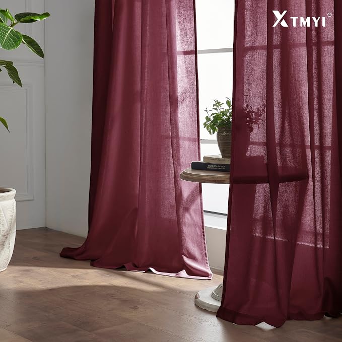 XTMYI Maroon Wine Red Curtains 96 Inches Long for Living Room 2 Panels Set, Linen Hooks Track Country Farmhouse Curtains for Dining Room Bedroom