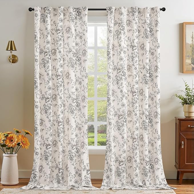 jinchan Black Floral Linen Curtains 120 Inch Farmhouse Back Tab 2 Panels | Light filtering drapes, semi sheer, farmhouse, cottagecore, rustic, living room, bedroom, rod pocket, window treatment