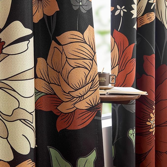 jinchan Black Boho Floral Blackout Curtains W100xL84 Grommet 1 Panel | Room darkening, Vintage, living room, bedroom, privacy, floral print, flower pattern, fall decor, window treatments