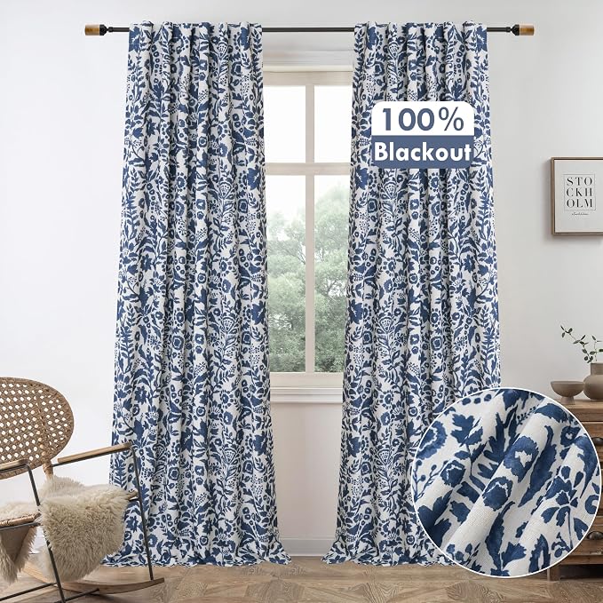 DriftAway Julia 100% Blackout Curtains Back Tab 2 Panels, W52xL96, Navy | Floral Curtains, Bedroom, Living Room, Linen Blend, Watercolor Pattern, 2 Layers, Thermal Insulated, Window Treatment