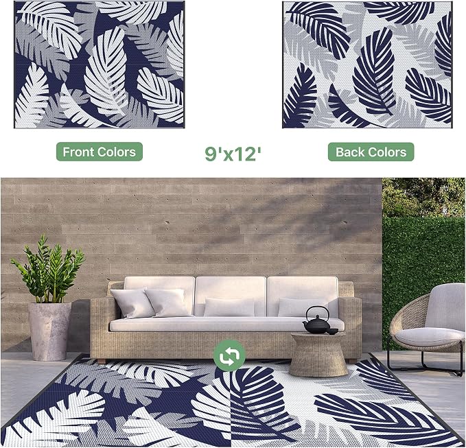 GENIMO Outdoor Rug, Waterproof Plastic Rugs for Patio, 9'x12' Blue White | Outside Larger Leaf Carpet Mat for Porch Decor, Deck, Balcony, Camping, RV, Backyard, Picnic, Beach, Reversible, Foldable