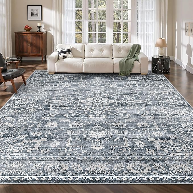 Soalmost 8x10 Area Rugs for Living Room, Washable Bedroom Soft Rug Blue | Vintage Floral Non-Slip Low Pile Stain Resistant Throw Large Neutral Carpet for Dining Room Kitchen Home Office 8'x10'