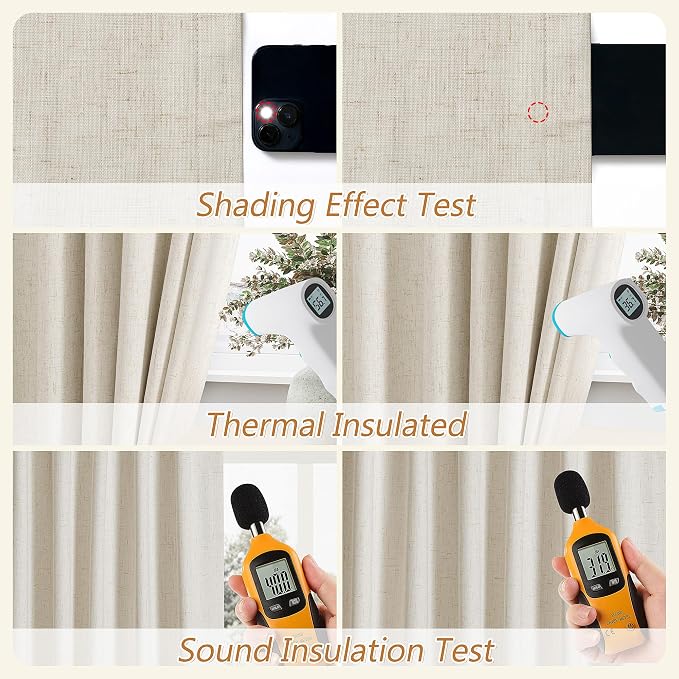 Guken 100% Blackout Linen Curtains for Bedroom 90 inches Long, Thermal Insulated Room Darkening Black Out Drapes for Living Room, Back Tab Rod Pocket 2 Panels Set,Birch Beige,52x90