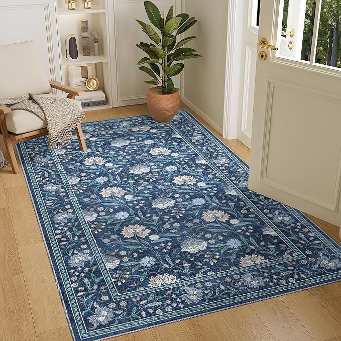 DUKINO 4x6 Area Rug, Washable Vintage Floral Rug for Living Room, Dark Blue | Non Slip, Low Pile, Stain Resistant Boho Lightweight Soft Indoor Carpet for Bedroom Office Dining Room Entryway Farmhouse