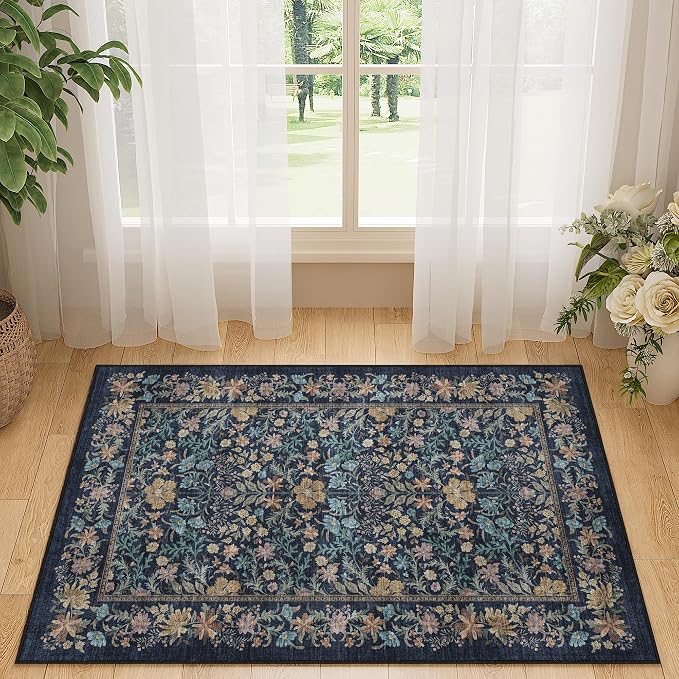 DUKINO 2x3 Entryway Rug, Washable Vintage Floral Area Rug, Dark Blue | Non Slip, Low Pile, Non-Shedding, Soft Indoor Door Mat, Small Front Door Throw Carpet for Bathroom Kitchen Entrance Bedroom