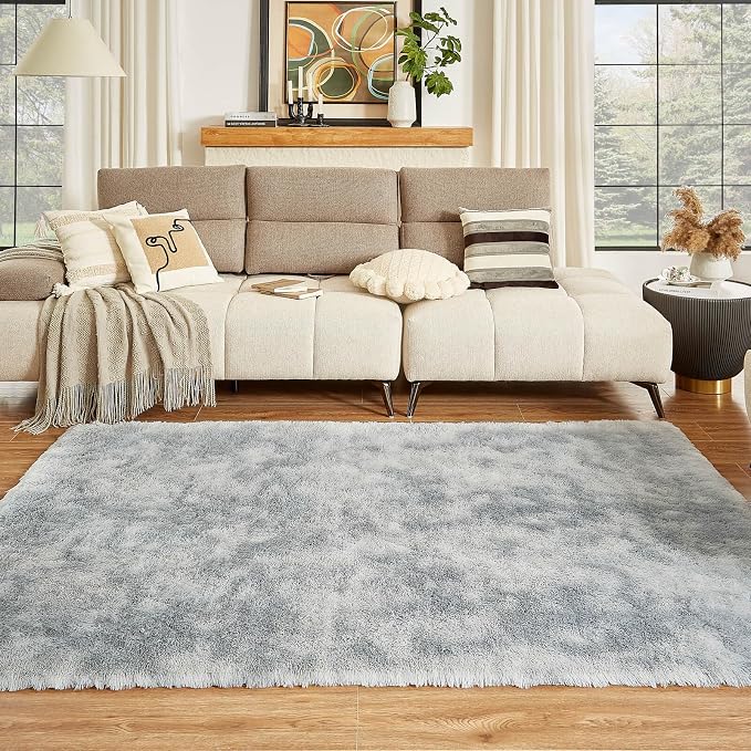 Floralux 8x10 Rugs for Living Room, Tie-Dye Light Grey, Soft Fluffy Shag Carpets for Bedroom, Shag Large Area Rugs for Bedroom
