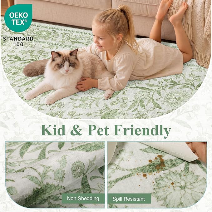 DUKINO 2x6 Runner Rug, Washable Vintage Floral Kitchen Rug, Sage Green | Non Slip, Low Pile, Non-Shedding, Stain Resistant Soft Carpet Runner for Hallway Bathroom Entryway Bedroom Laundry Farmhouse