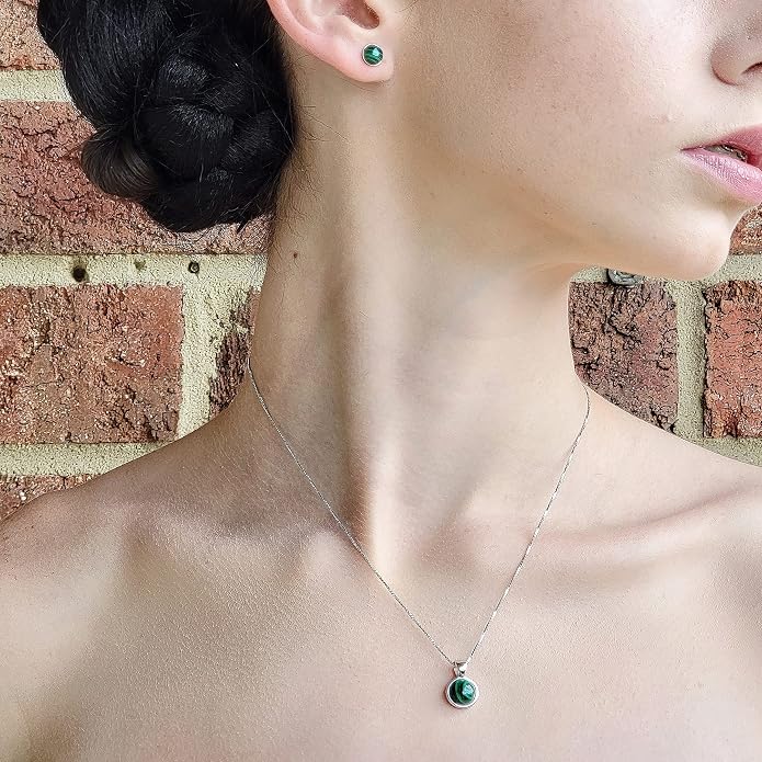 Natural gemstone 8mm round pendant with white gold over 925 sterling silver bezel cabochon plate and box chain, real genuine dainty birthstone gift for her, uniquelan jewelry