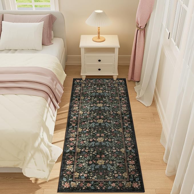 DUKINO 2x5 Rug Runner, Washable Vintage Floral Bathroom Rugs, Black | Non Slip, Low Pile, Stain Resistant, Lightweight Soft Carpet Runner for Laundry Room Kitchen Hallway Bedroom, Non-Shedding