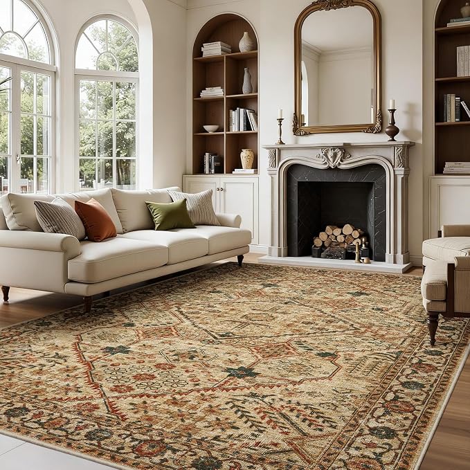 Joydeco 5x7 Area Rugs for Living Room, Machine Washable Vintage Area Rugs, Low Pile Non Slip Carpet, Lightweight Chenille Print Rug for Bedroom, Dining Room, Home Office, Tan