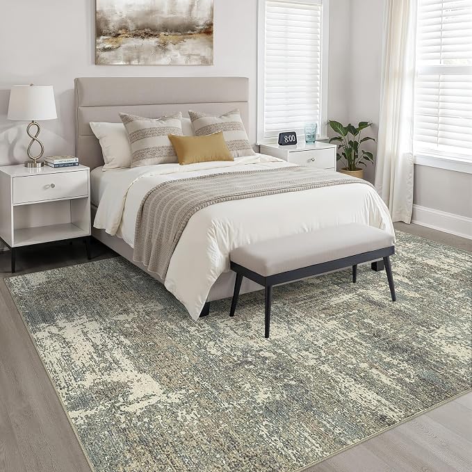 10x12 Area Rug Living Room: Washable Large Neutral Rug Abstract Soft Modern Stain Resistant Indoor Floor Non-Slip Carpet for Bedroom Nursery Kids Office Playroom Dining Room- Green Brown
