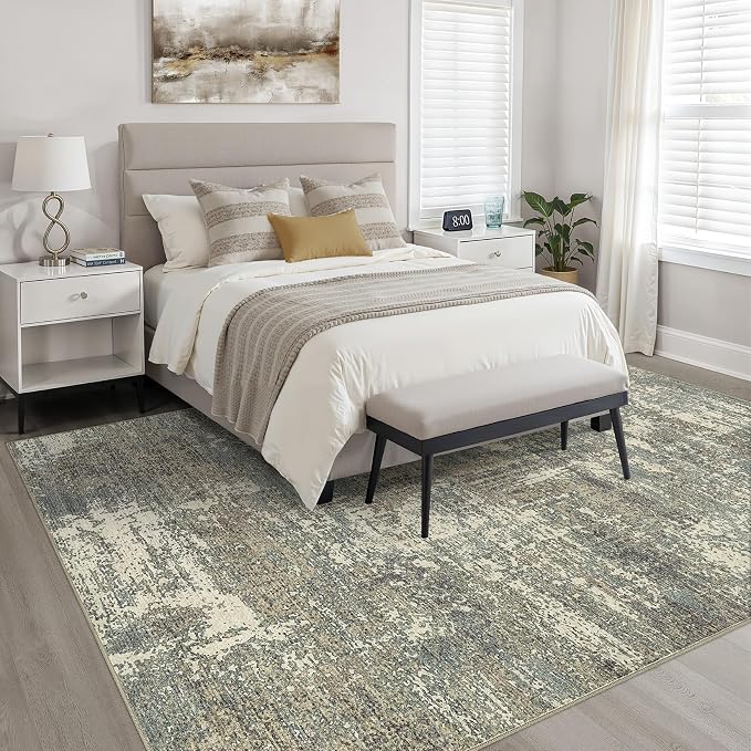 8x10 Area Rugs Living Room: Washable Large Neutral Rug Abstract Soft Modern Stain Resistant Indoor Floor Non-Slip Carpet for Bedroom Nursery Kids Office Playroom Dining Room- Green Brown
