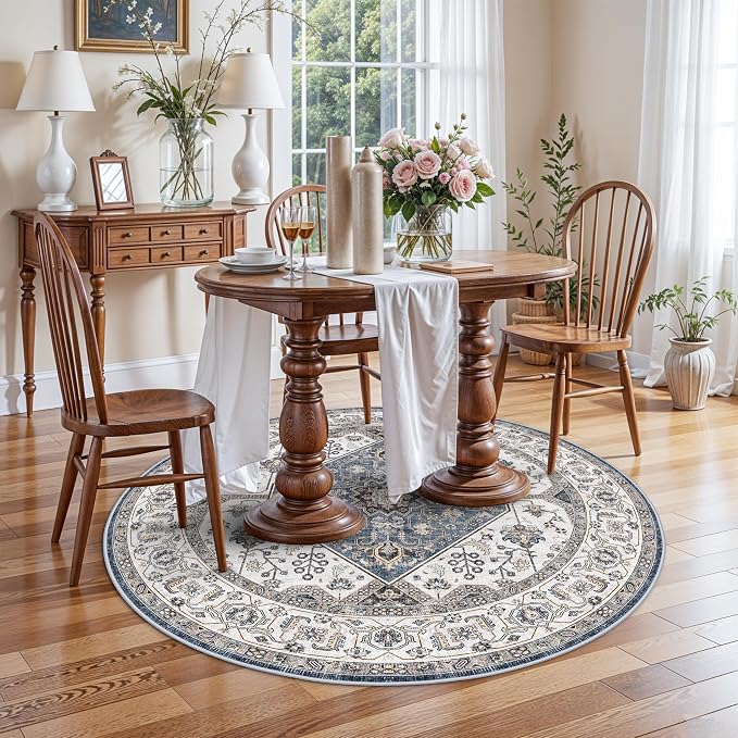 RUUGME Living Room 4round Area Rug - Boho Rugs for Living Room Vintage Tribal Rugs for Bedroom Kitchen Bathroom with Non Slip Backing Home Decor Floor Decoration Mat 4ft Navy