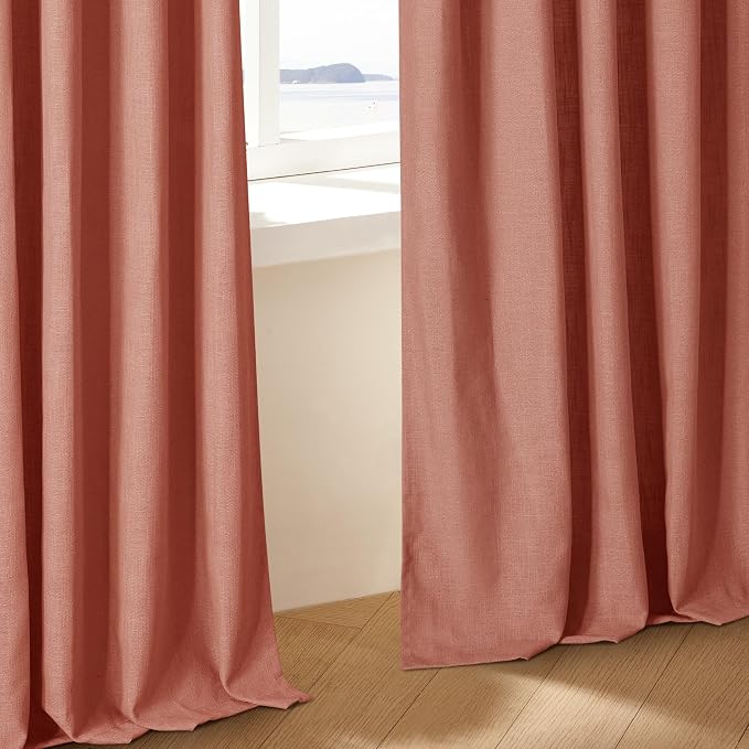 Firebrick Pleated Linen Curtains 96 Inches Long for Living Room 2 Panel Set | Semi Sheer Light Filtering, Memory Shape Pinch Pleat with Rings Hooks, Farmhouse Rustic Terracott Drapes for Bedroom Window