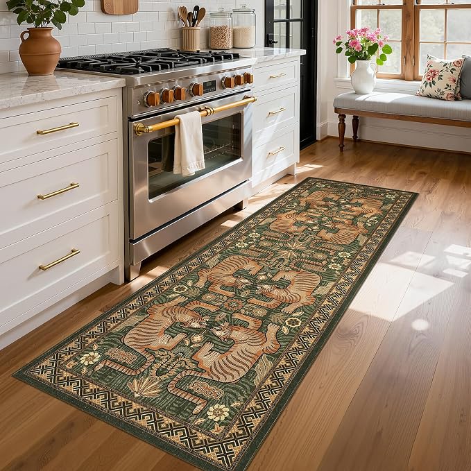 GarveeHome Tiger Print 2'6"x8' Washable Non Slip Runner Rugs for Hallways, Boho Green Kitchen Runner Ultra Thin Soft Vintage Tribal Indoor Throw Floor Carpet for Entryway Bedroom Bathroom