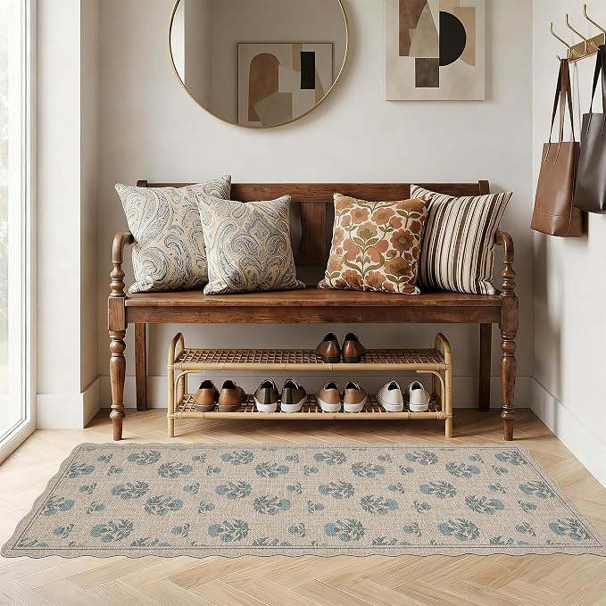 ORTIGIA Scalloped Easy Jute 2x6 Kitchen Runner Rug Vintage Blue Floral Farmhouse Washable Rug Non-Slip Outdoor Carpet for Entryway Indoor Hallway Patio Laundry Room