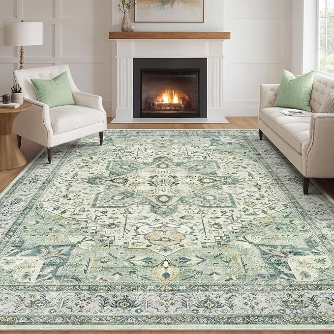 Tortania Area Rug Living Room Rugs - 10x12 Washable Boho Rug Vintage Oriental Distressed Farmhouse Large Thin Indoor Carpet for Living Room Bedroom Under Dining Table Home Office - Green