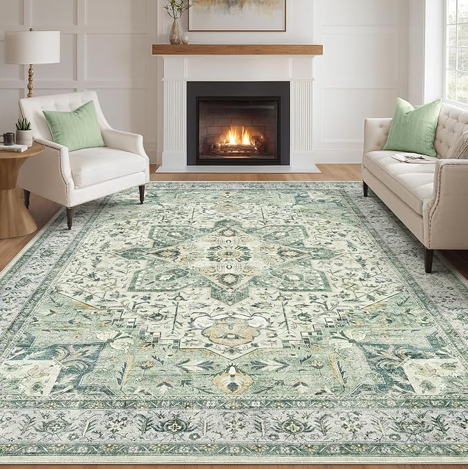 Tortania Area Rug Living Room Rugs - 8x10 Washable Boho Rug Vintage Oriental Distressed Farmhouse Large Thin Indoor Carpet for Living Room Bedroom Under Dining Table Home Office - Green