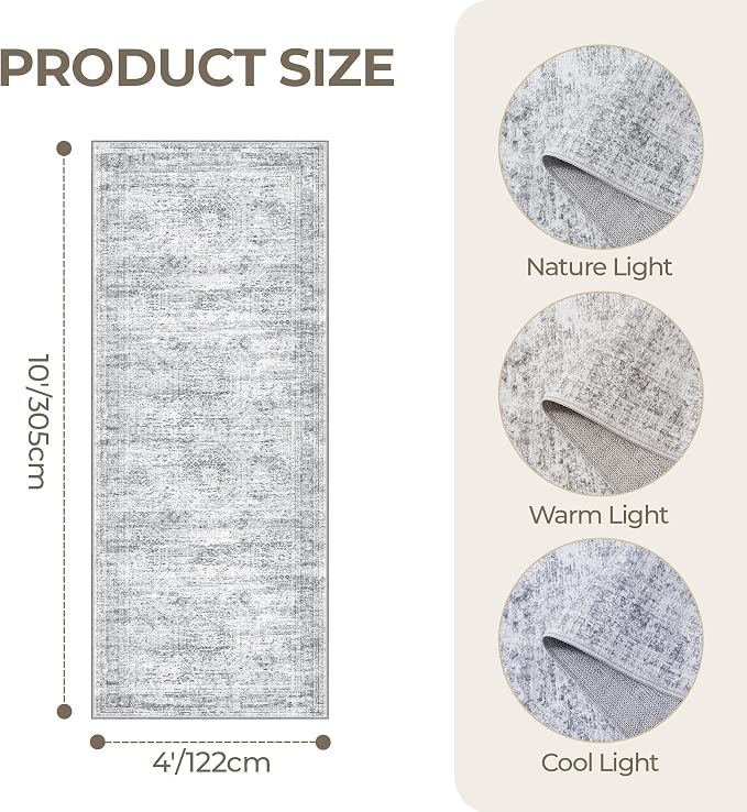 4x10 Runner Rug Non Slip,Washable Hallway Runner Rug,Grey | Area Rugs for Kitchen,Entryway,Bedroom,Bathroom,Nursery Room,Thin,Soft Runner Rug,Stain Resistant Indoor Carpet
