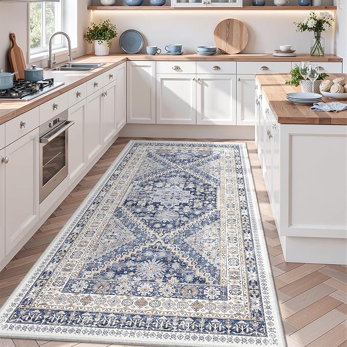zesthome 4x8 Rug for Bedroom,Wide Runner Rug for Hallway, Non Slip Washable Runner Rug for Living Room, Low Pile Soft Entryway Kitchen Rug, Modern Home Decor Mat for Dining Room(Blue/Beige,4'x8')