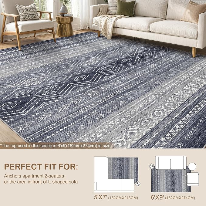 Tortania Area Rug Living Room Rugs- 5x7 Washable Large Soft Neutral Boho Moroccan Bohemian Farmhouse Rug Indoor Floor Carpet for Bedroom Under Dining Table Home Office Decor - Blue Gray