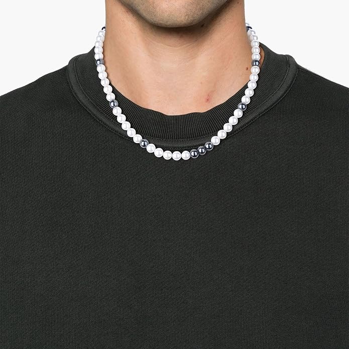 GAVU Men's Pearl Necklace, Pearl Jewelry Crystal Beaded Necklace for Men 20"/22"/24"/26"