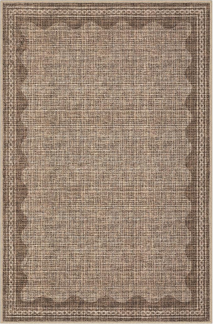 GarveeHome Washable Rugs 5x7 Rug for Living Room, Scalloped 5 x 7 Rug Solid Coffee Modern Minimalism Low-Pile Carpet for Bedroom Dining Nursery Non Slip Mat with Rubber Back