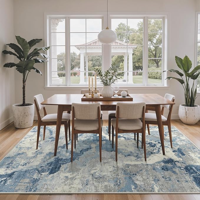 GENIMO Abstract Area Rug 8x10, Washable Large Modern Rug Non Slip, Low Pile Lightweight Soft Carpet for Living Room, Bedroom, Dining Room, Blue Grey