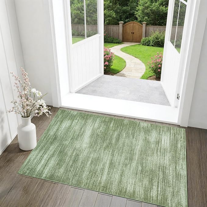 Olive Green Rug 2x3 Washable Non Slip Modern Small Rugs for Entryway Indoor | Abstract Neutral Carpet, Loden Green, with Low Pile Soft, for Front Door Bathroom Kitchen, Hardwood Floor Protector, 2 x 3