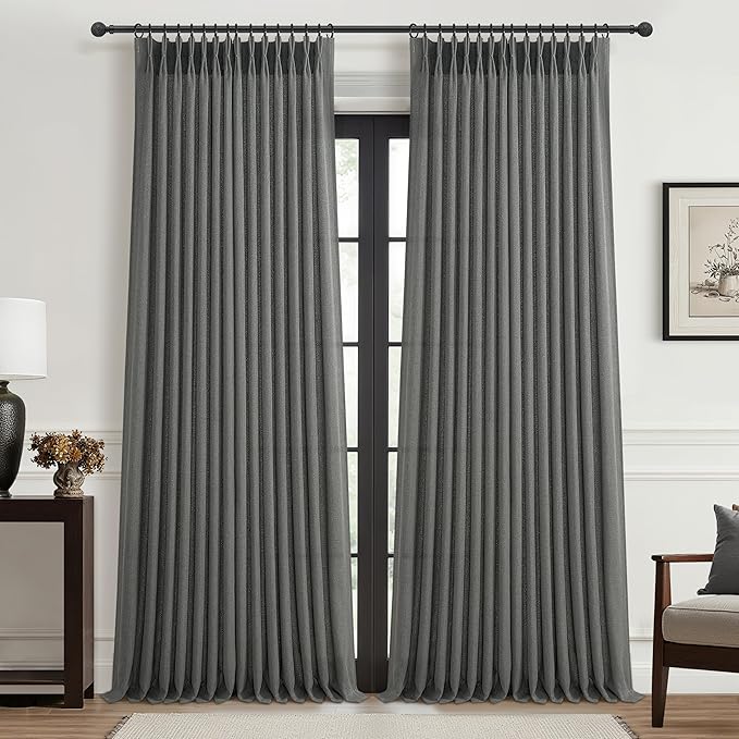 Dark Gray Sheer 90 Inches Long Bedroom Curtains 2 Panels Set, Pinch Pleated Faux Linen Semi Through Privacy Sheer Curtain That Let Light in Dining Room Charcoal Grey 7-1/2 FT Luxury Drapes Hooks Rings