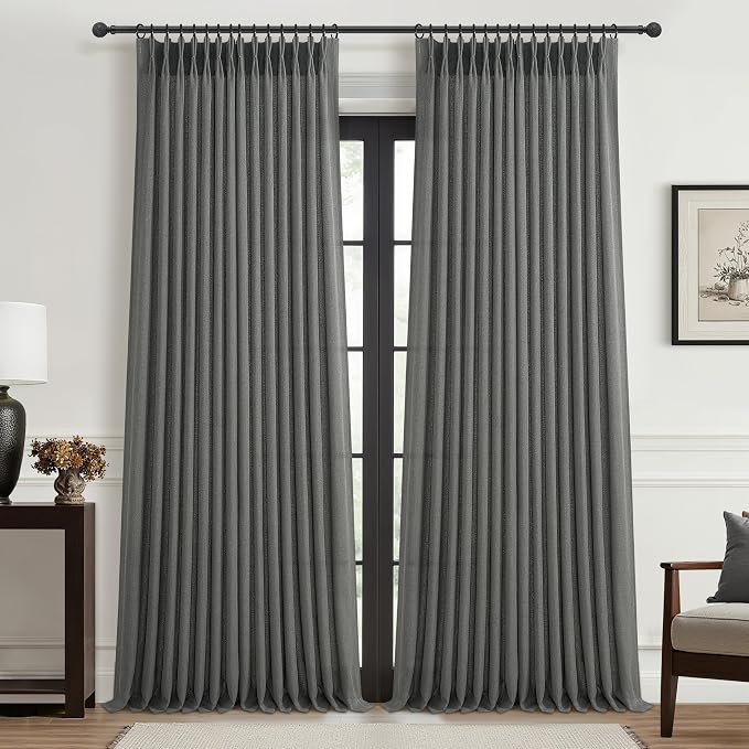 Natural Linen Semi Sheer Ceiling Curtains 102 Inches Long 2 Panels for Patio Sliding Glass Door, Dark Grey Luxury Pinch Pleat Living Room Light Filtering Curtain with Track System Burg Decor 40Wx102L