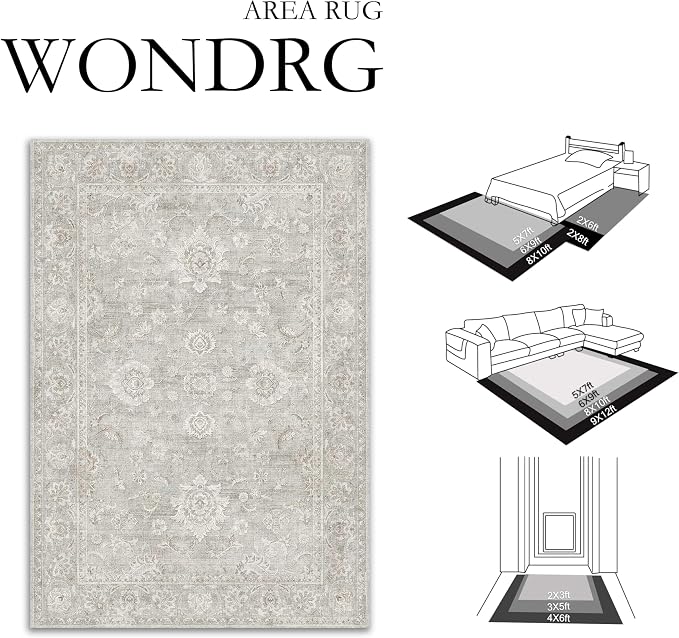 3x5 Grey Washable Area Rug for Entryway Neutral Floral Soft Non Slip Carpet Low Pile Distressed Door Mat for Bathroom Bedroom Entrance Living Room