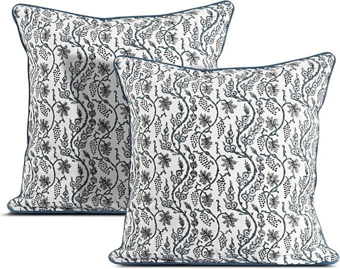 Ridhi Block Print Baby Blue Eyes Pillow Cover 18" x 18" (Pack of 2) Decorative Couch Pillows for Living Room, Farmhouse Chic Boho Cute Outdoor Pillows Covers Gifts for Spring, Mother's Day