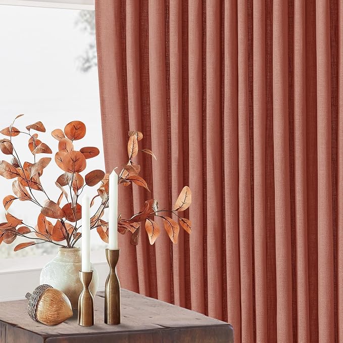 Red Clay Linen Pinch Pleated Curtains 108 Inches Long 2 Panels Firebrick | for Living Room Bedroom, Light Filtering Semi Sheer, Terracotta Autumn Fall Home Decor, Memory Trained Ceiling Floor Curtain