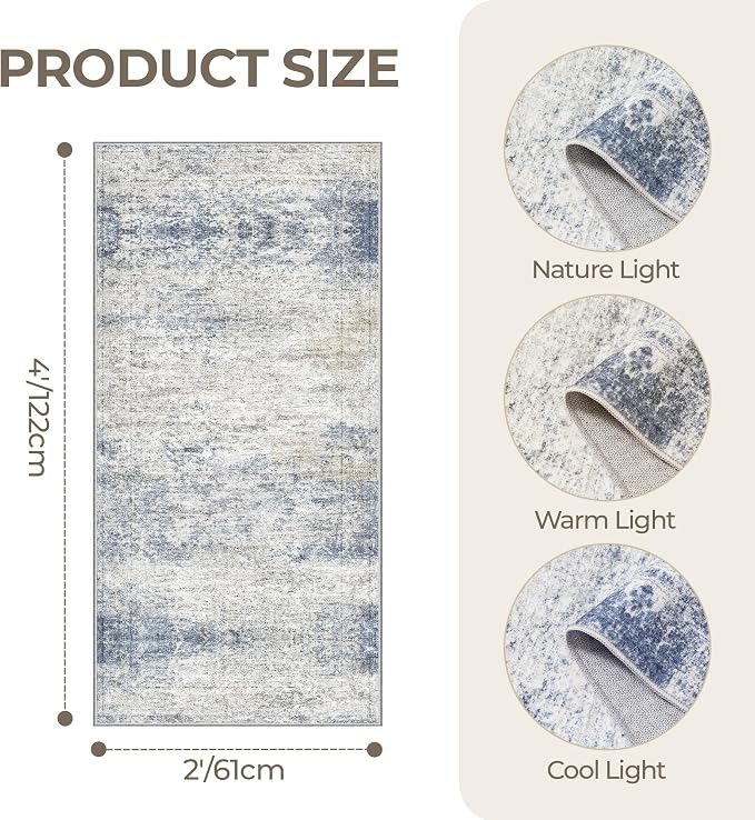 2x4 Rug Runners for Hallways Non Slip,Blue | Washable Rugs for Kitchen,Entryway,Bedroom,Bathroom,Nursery Room,Thin,Soft Runner Rug,Stain Resistant Indoor Carpet
