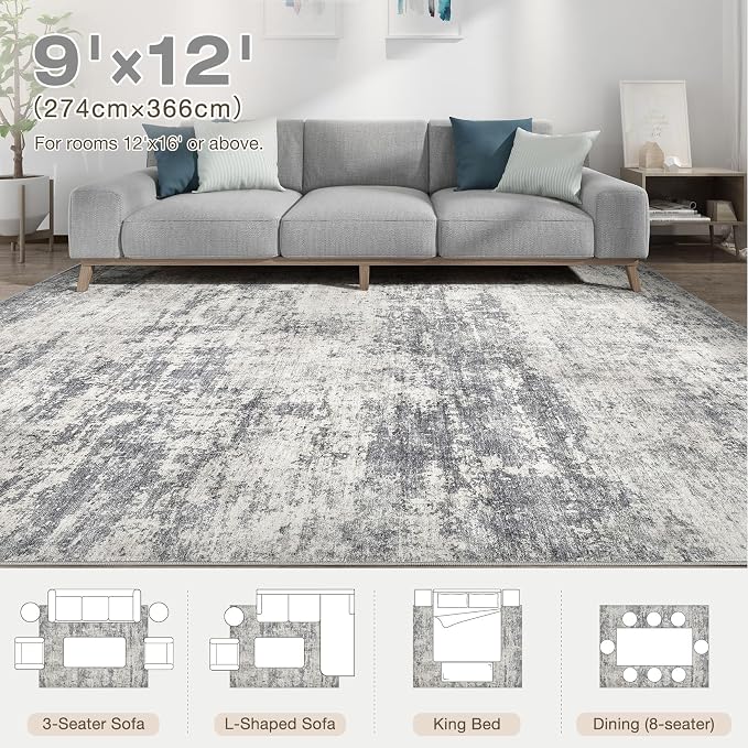 Abstract 9x12 Area Rug: Machine Washable Non Slip Ultra Thin Low-Pile Carpet, Soft Stain Resistant for Living Dining Room Bedroom, Kid Pet Friendly, Robot Vacuum Compatible - Beige Dark Grey
