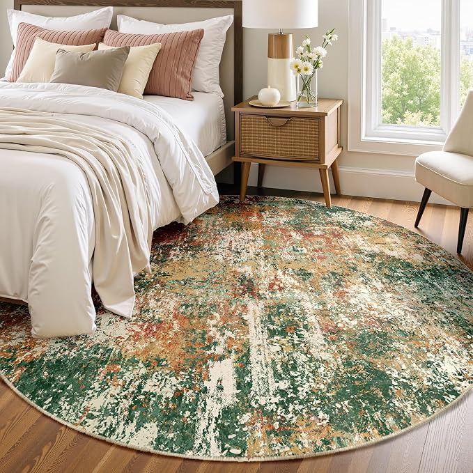 RELEANY Washable Area Rugs 6ft Non-Slip Modern Abstract Soft for Living Room Entryway Bedroom Kitchen, Print Pattern, Green Orange Rust Red Cream Colorful