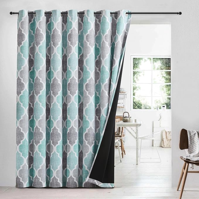 Beauoop Moroccan 100% Blackout Sliding Door Curtains Aqua Grey 100x96 1 Set | Geometric Room Darkening Patio Curtains Extra Wide Room Divider Drapes Thermal Soundproof Lattice Window treatment Grommet