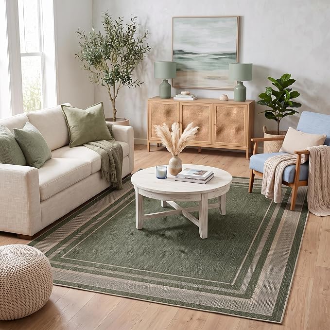 GarveeHome Easy Jute Rugs Neutral 6x9 Washable Living Room Bedroom Rug | Non Slip Stain Resistant Easy Jute Dining Room Throw Carpet Solid Area Rug for Kitchen Bedroom Nursery Home Decor, Green