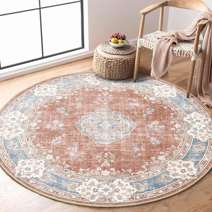MUJOO Boho Round Rug 4ft Small Circle Washable Area Rug Non Slip Floral | Circular Rugs for Bedroom Living Room Entryway Bathroom Bedroom Throw Carpet Soft Low Pile Indoor Flowers Orange Navy Blue