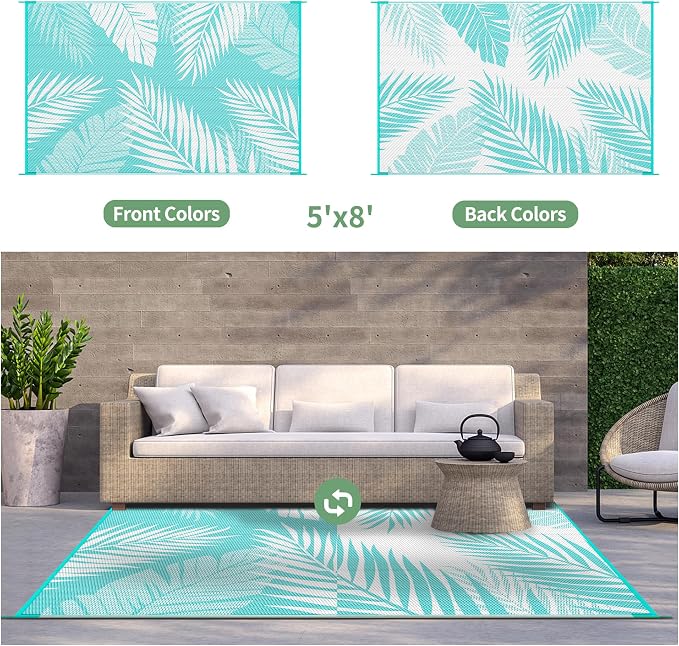 GENIMO Outdoor Rug, Waterproof Plastic Rugs for Patio, 5'x8' Navy White | Outside Larger Leaf Carpet Mat for Porch Decor, Deck, Balcony, Camping, RV, Backyard, Picnic, Beach, Reversible, Foldable