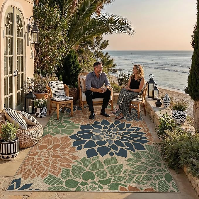 PureCozy 6x9 Easy Jute Outdoor Rug Navy/Organge Floral Textured Indoor Outdoor Area Rug Farmhouse Patio Carpet for Backyard, Patio, Porch, Easy-Cleaning, High Traffic, Pet-Friendly, Non-Shedding