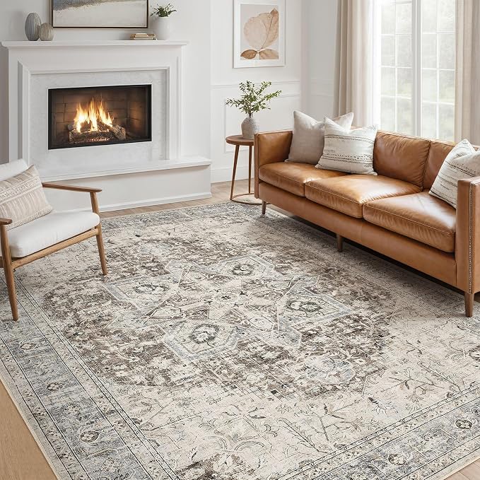 Tortania Area Rug Living Room Rugs - 7x10 Washable Boho Rug Vintage Oriental Distressed Farmhouse Large Thin Indoor Carpet for Living Room Bedroom Under Dining Table Home Office - Brown Blue