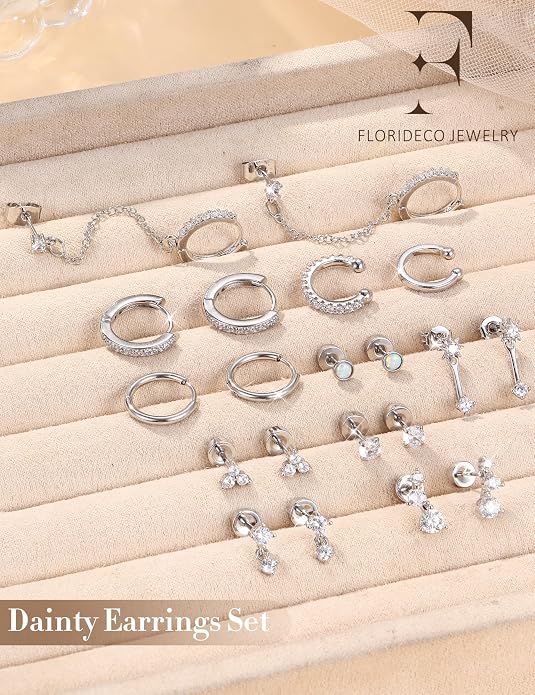 Florideco Small Stud Hoop Earrings for Women Hypoallergenic 14K Gold Plated Surgical Stainless Steel Flat Back Earrings Dainty Hoop Stud Earring Stacks Cartilage Earring Set for Multiple Piercing