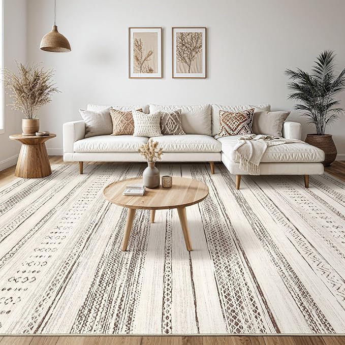 Tortania Area Rug Living Room Rugs - 7x9 Washable Large Soft Neutral Boho Moroccan Bohemian Farmhouse Rug Indoor Floor Carpet for Bedroom Under Dining Table Home Office Decor - Cream Brown