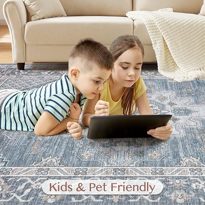 Tortania Area Rug Living Room Rugs - 12x15 Washable Boho Rug Vintage Oriental Distressed Farmhouse Large Thin Indoor Carpet for Living Room Bedroom Under Dining Table Home Office - Blue