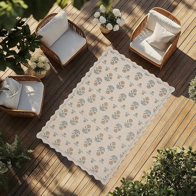 ORTIGIA Scalloped Easy Jute 5x7 Area Rug Vintage Yellow Floral Farmhouse Washable Rug Non-Slip Indoor Outdoor Carpet for Living Room Bedroom Patio Entryway