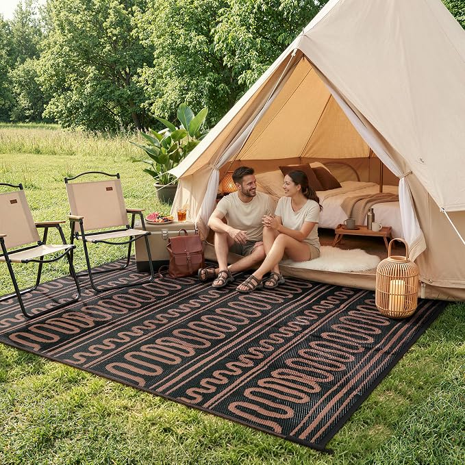 Beeiva Waterproof Outdoor Rug 6x9 for RV Camping, Reversible Outdoor Mat for Porch, Balcony, Picnic, Plastic Straw Rug Black Brown