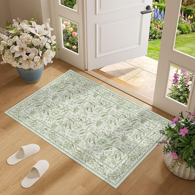 DUKINO 2x3 Rug, Washable Vintage Floral Bathroom Rugs Non Slip, Sage Green | Low Pile, Stain Resistant Boho Soft Indoor Door Mat, Small Front Door Carpet for Entryway Kitchen Laundry Bedroom Farmhouse
