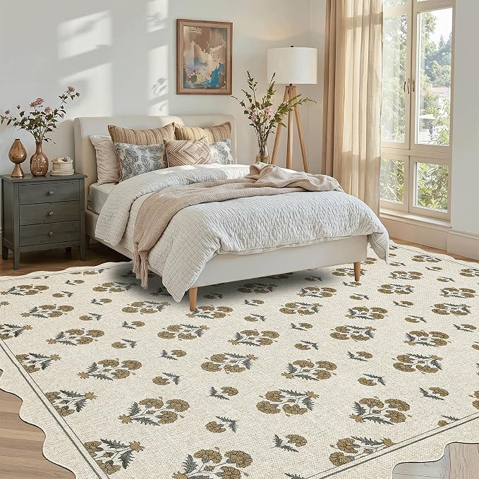 ORTIGIA Scalloped Easy Jute 8x10 Area Rug Vintage Yellow Block Floral Farmhouse Washable Rug Non-Slip Indoor Outdoor Carpet for Living Room Bedroom Patio Entryway